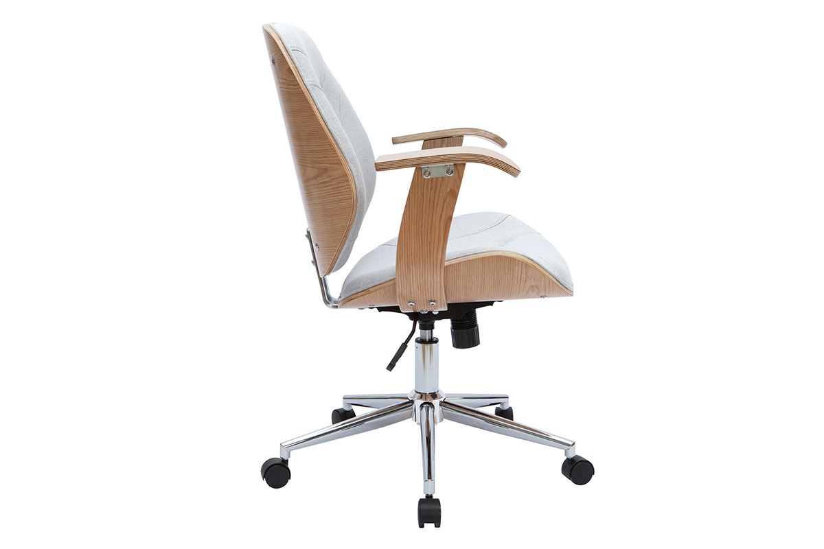 Chaise de bureau  roulettes design en tissu gris clair, bois clair et acier chrom YORKE