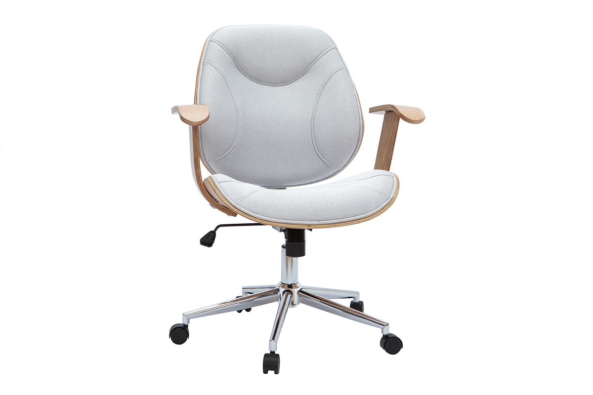 Chaise de bureau  roulettes design en tissu gris clair, bois clair et acier chrom YORKE