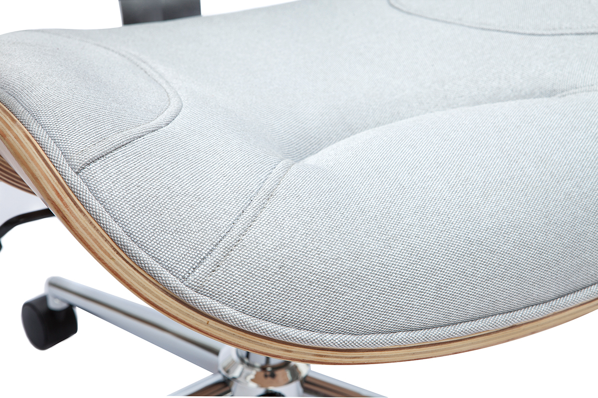 Chaise de bureau  roulettes design en tissu gris clair, bois clair et acier chrom YORKE