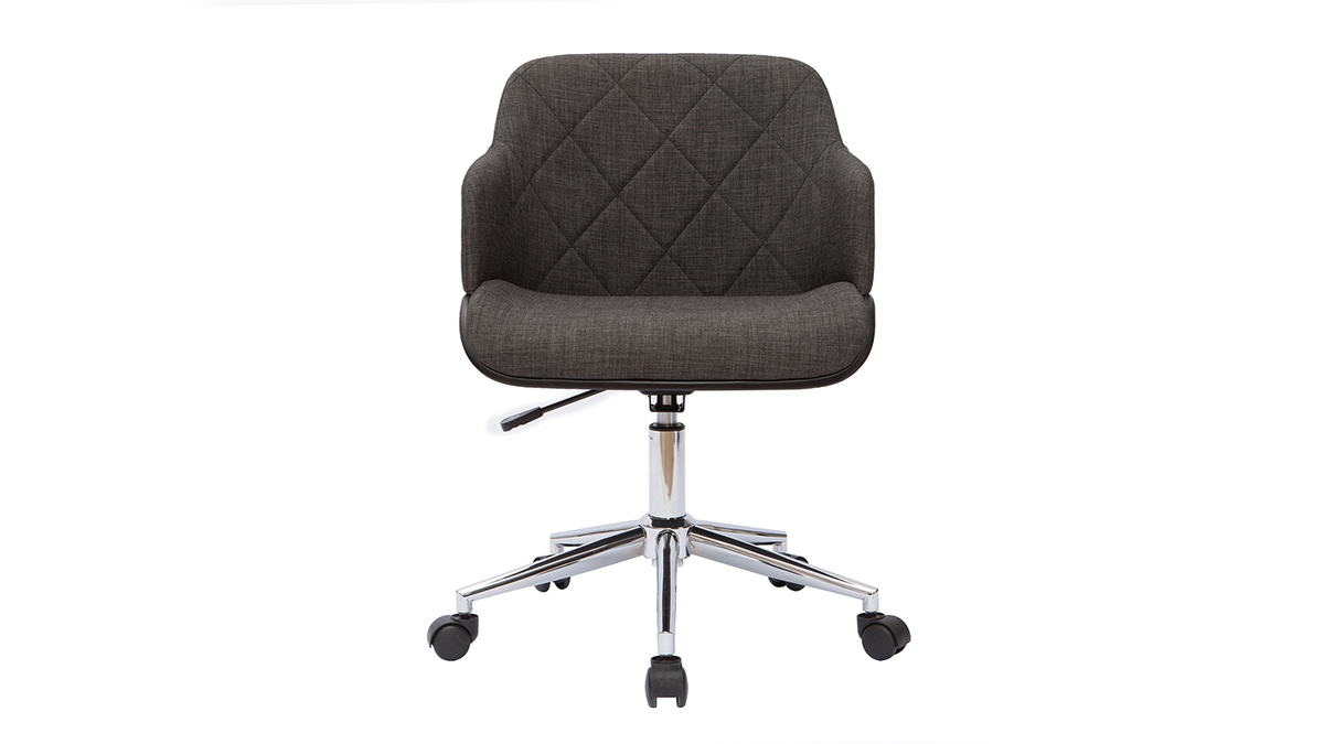 Chaise de bureau  roulettes design en tissu gris fonc, bois noir et acier chrom SANDRO