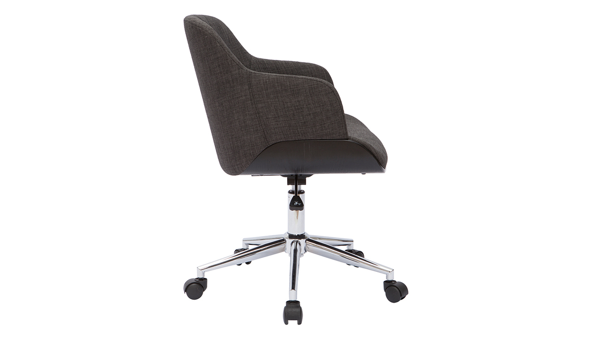 Chaise de bureau  roulettes design en tissu gris fonc, bois noir et acier chrom SANDRO