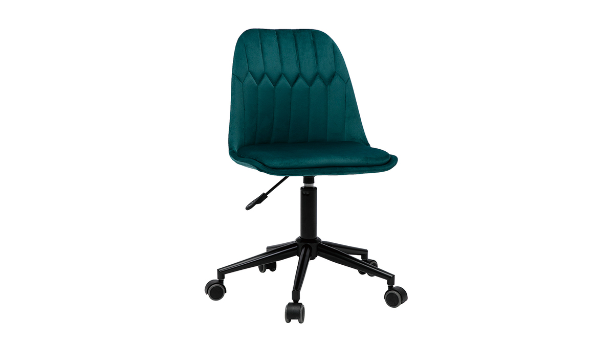 Chaise de bureau  roulettes design en tissu velours bleu ptrole et mtal noir FUSE