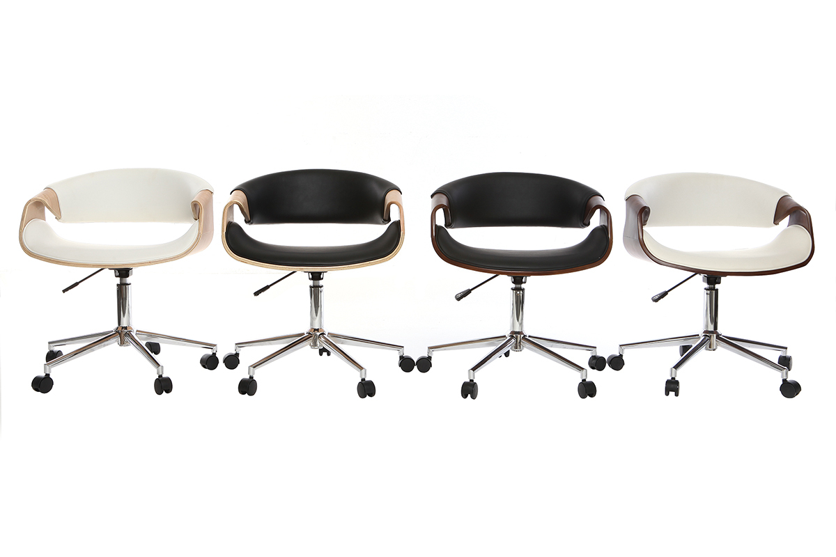Chaise de bureau  roulettes design noir, bois clair et acier chrom ARAMIS