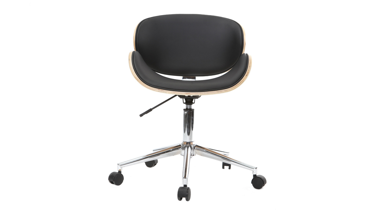 Chaise de bureau  roulettes design noir, bois clair et acier chrom WALNUT