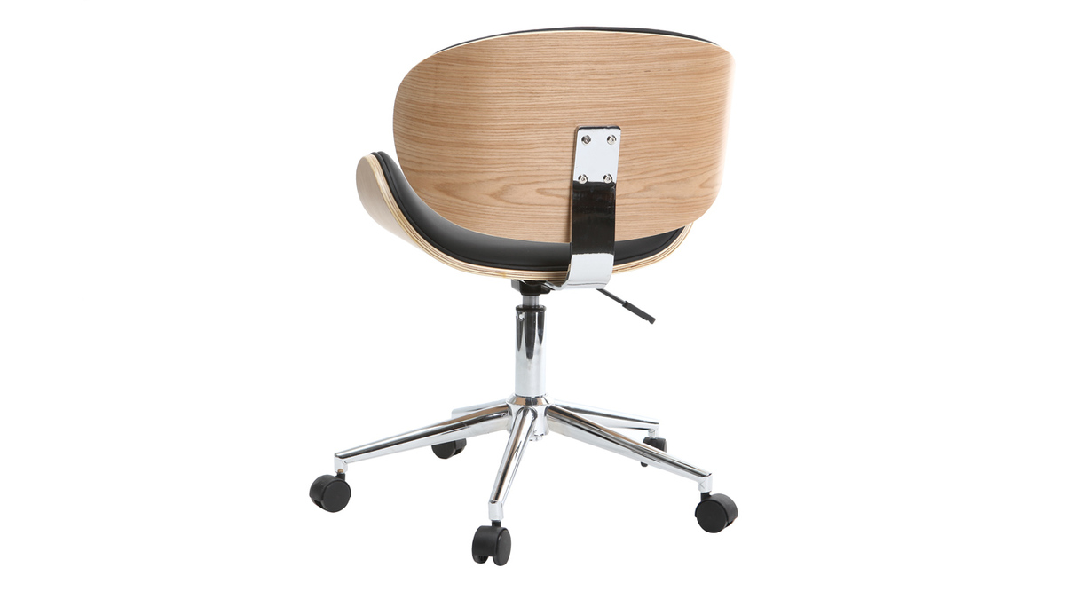 Chaise de bureau  roulettes design noir, bois clair et acier chrom WALNUT