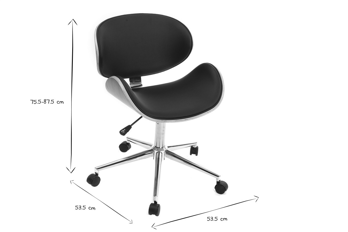 Chaise de bureau  roulettes design noir, bois clair et acier chrom WALNUT