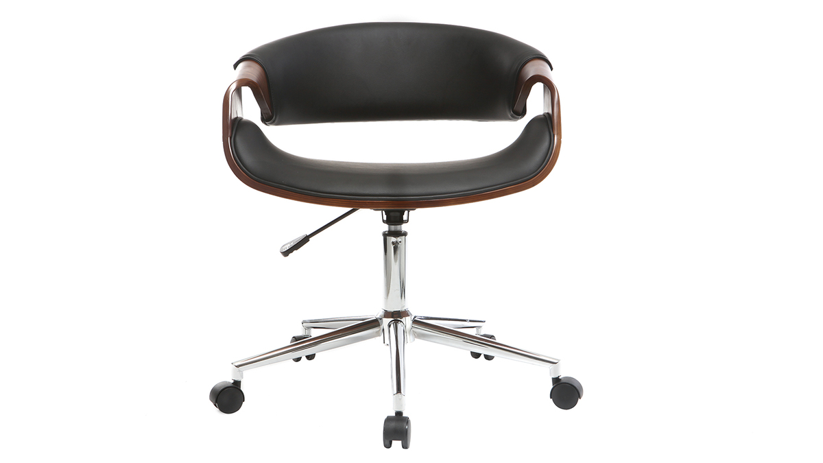 Chaise de bureau  roulettes design noir, bois fonc noyer et acier chrom ARAMIS