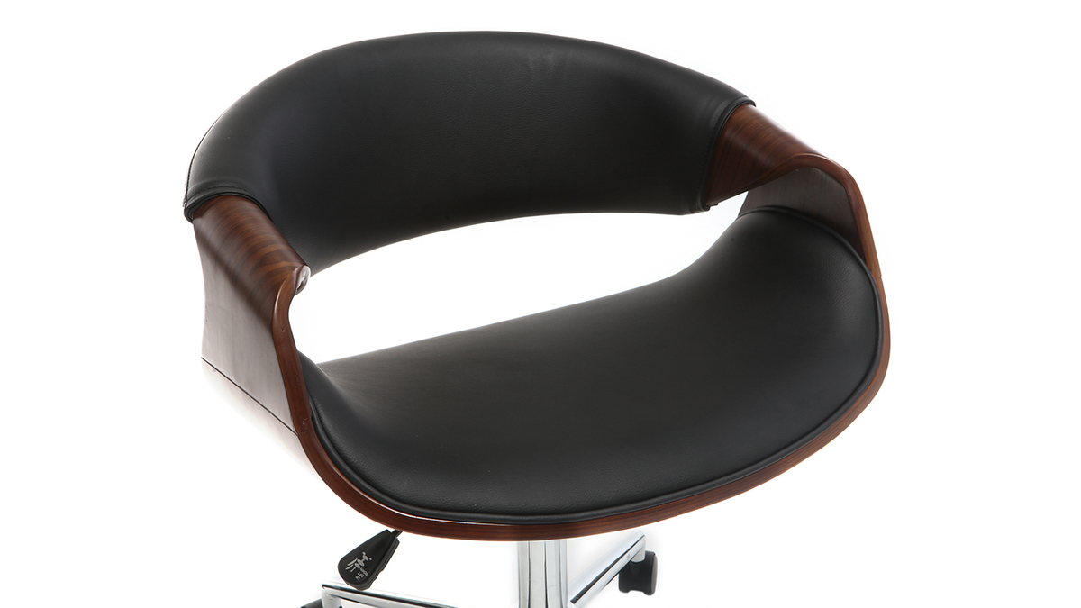 Chaise de bureau  roulettes design noir, bois fonc noyer et acier chrom ARAMIS