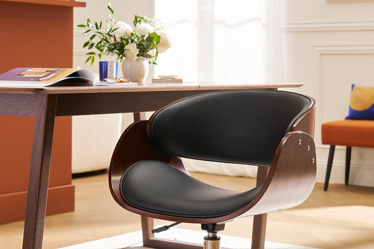 Chaise de bureau  roulettes design noir, bois fonc noyer et acier chrom  BENT