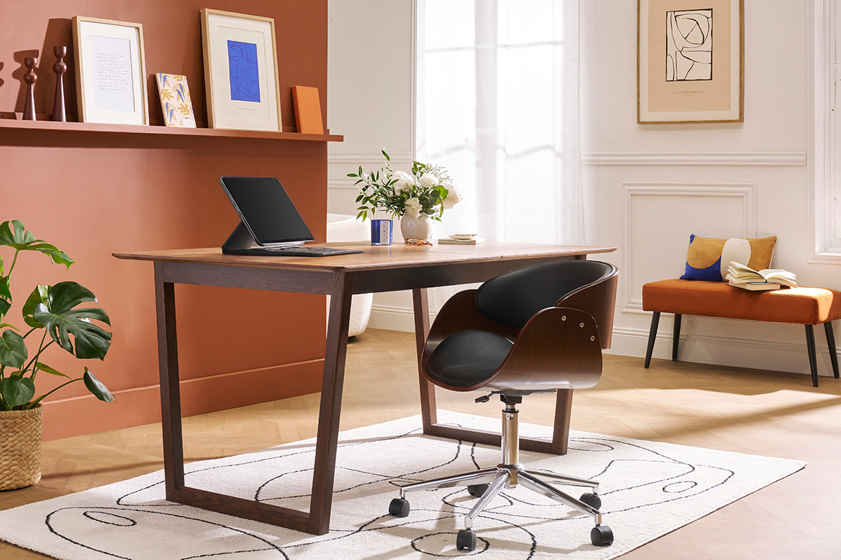 Chaise de bureau  roulettes design noir, bois fonc noyer et acier chrom  BENT