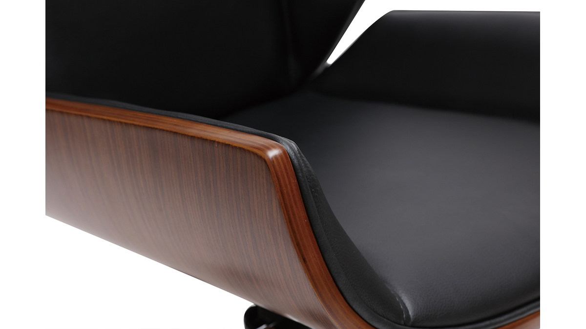 Chaise de bureau  roulettes design noir, bois fonc noyer et acier chrom CURVED