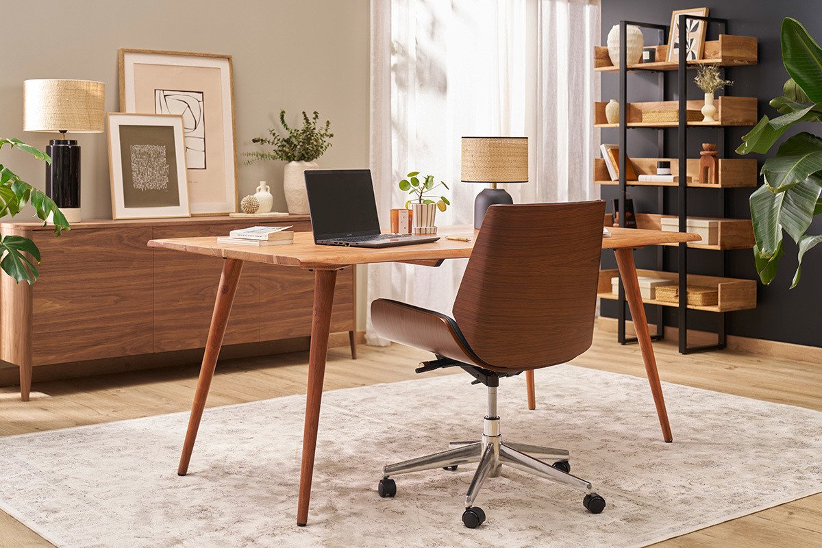 Chaise de bureau  roulettes design noir, bois fonc noyer et acier chrom CURVED