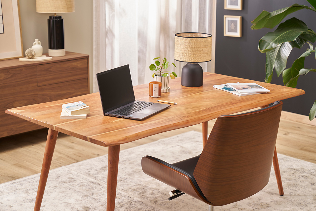 Chaise de bureau  roulettes design noir, bois fonc noyer et acier chrom CURVED