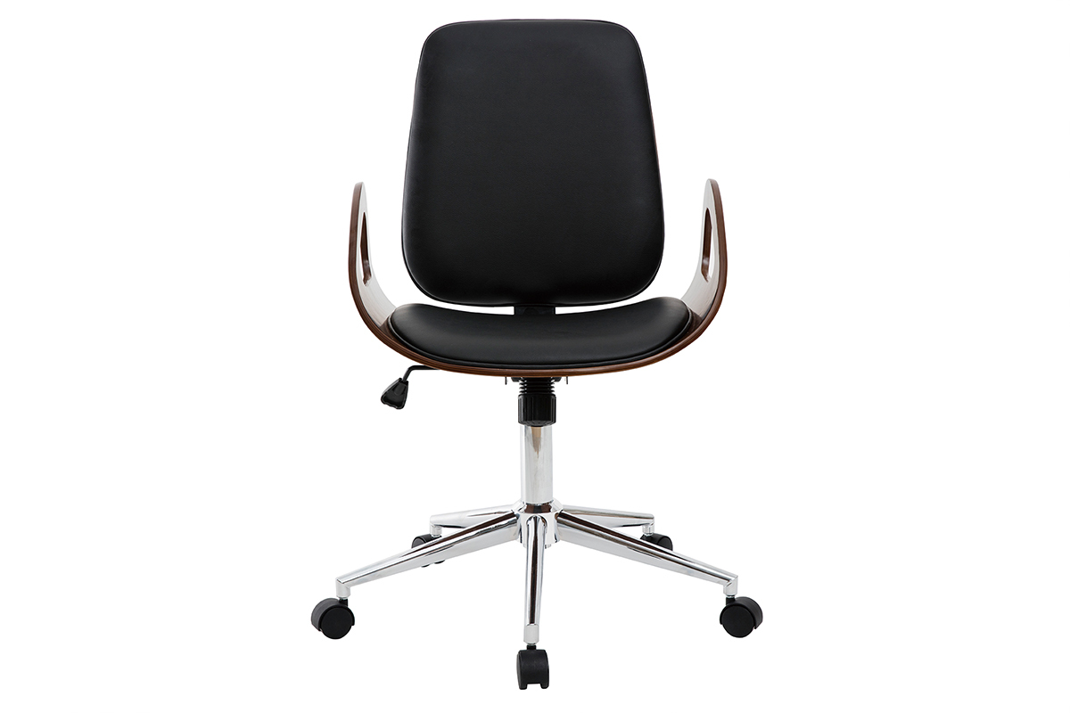 Chaise de bureau  roulettes design noir, bois fonc noyer et acier chrom GLORY