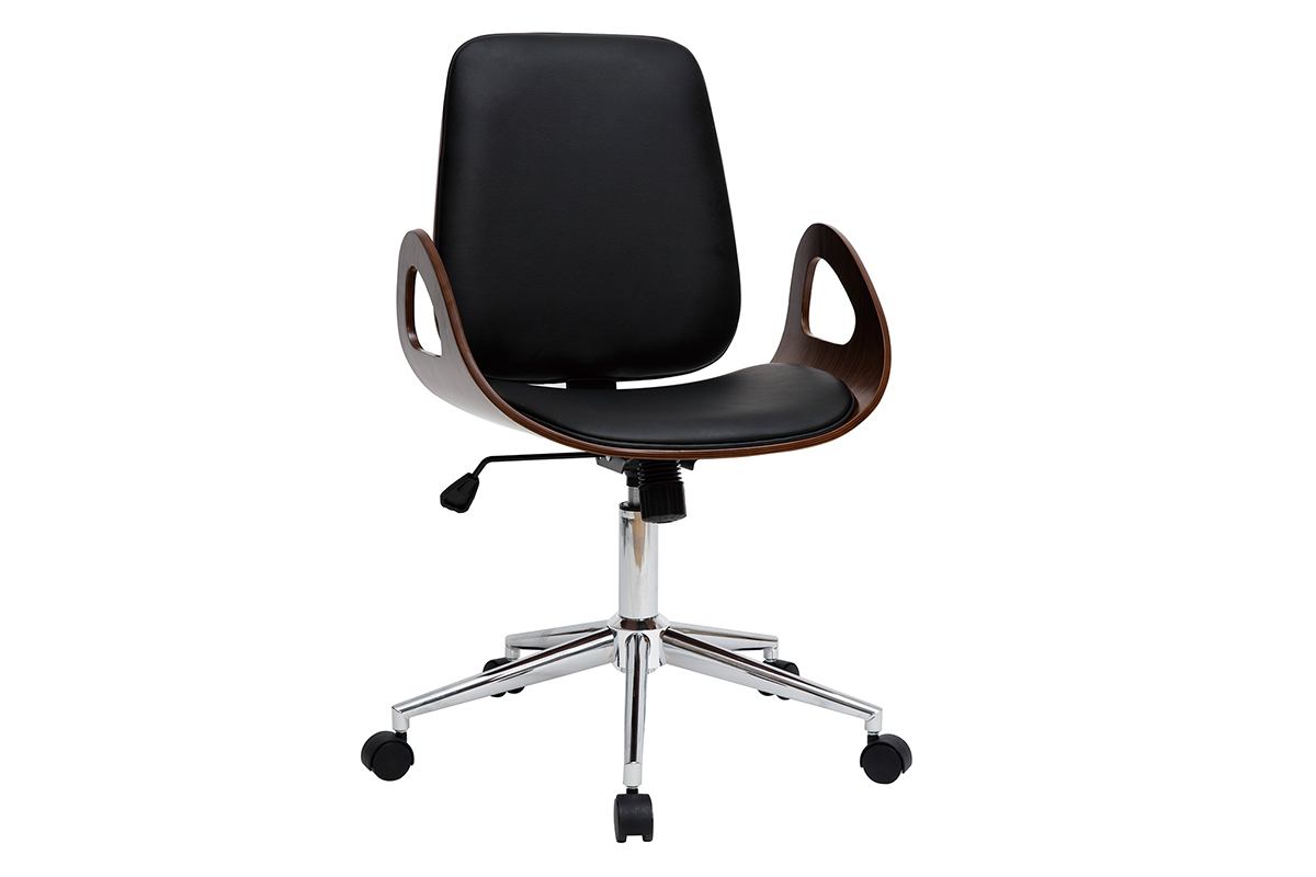 Chaise de bureau  roulettes design noir, bois fonc noyer et acier chrom GLORY