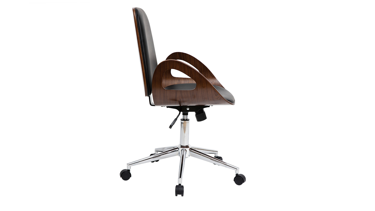 Chaise de bureau  roulettes design noir, bois fonc noyer et acier chrom GLORY