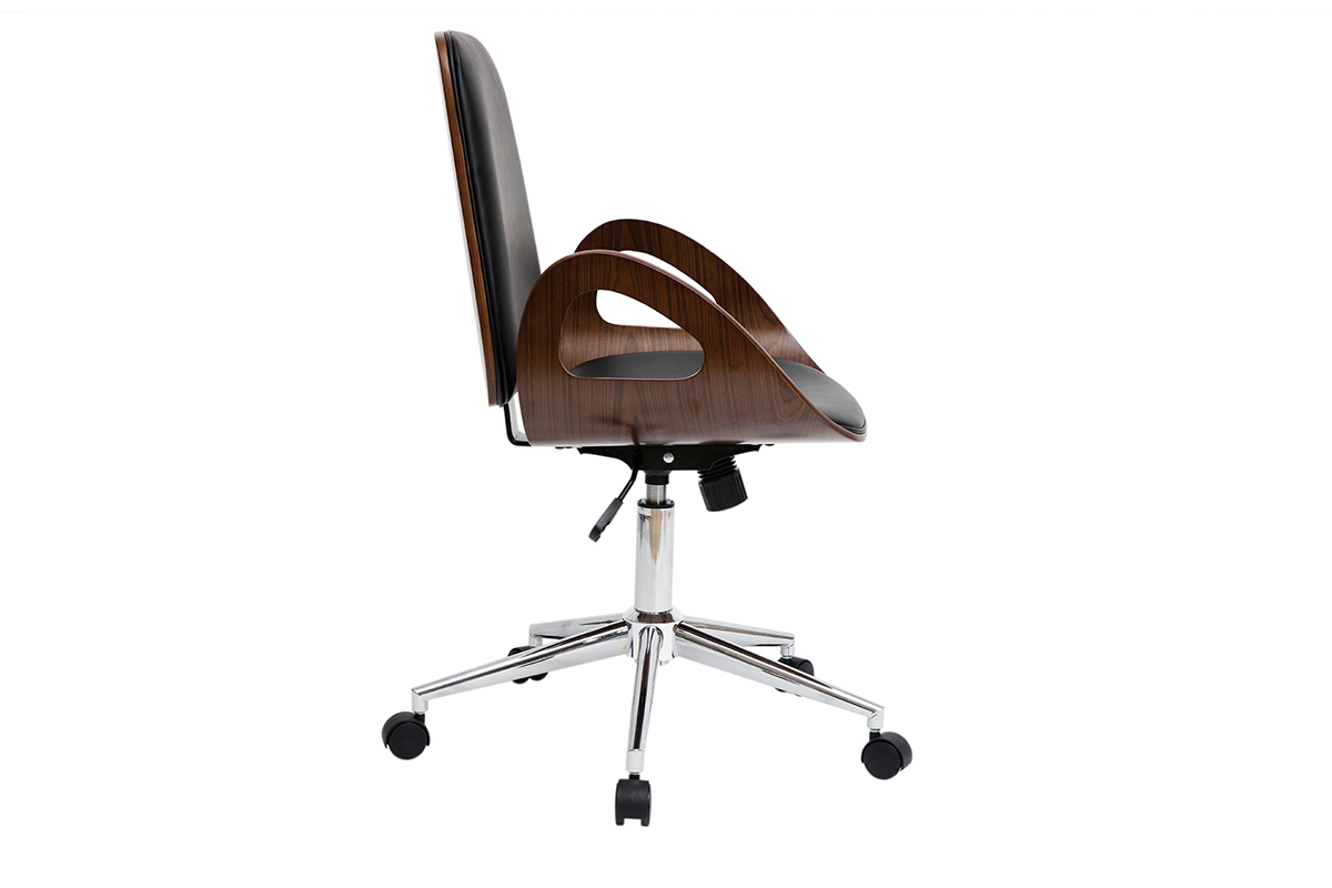 Chaise de bureau  roulettes design noir, bois fonc noyer et acier chrom GLORY