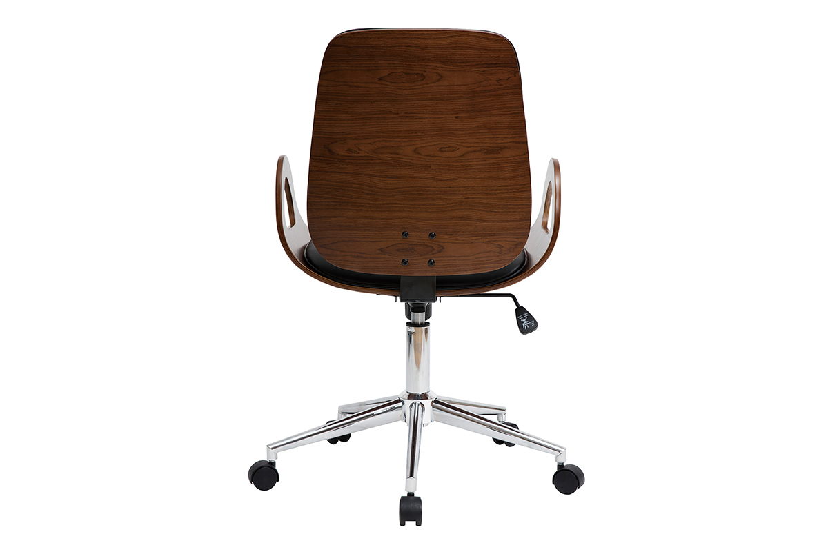 Chaise de bureau  roulettes design noir, bois fonc noyer et acier chrom GLORY