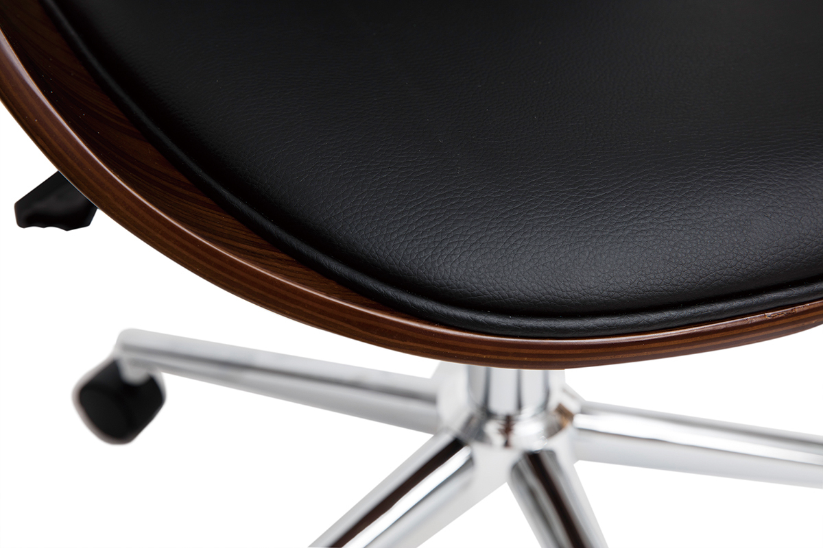 Chaise de bureau  roulettes design noir, bois fonc noyer et acier chrom GLORY