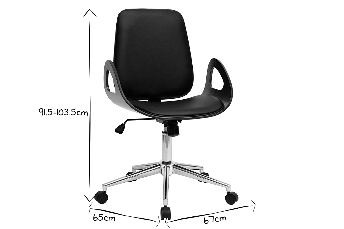 Chaise de bureau  roulettes design noir, bois fonc noyer et acier chrom GLORY