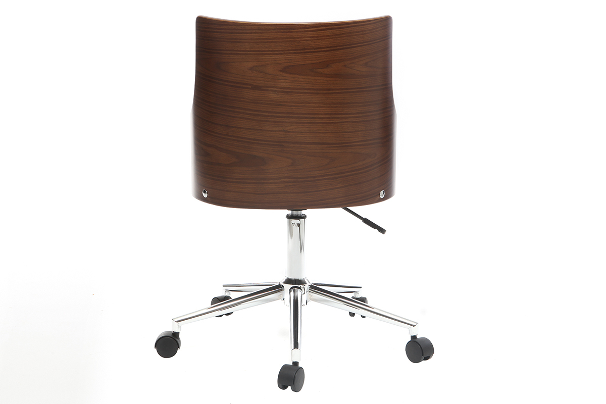 Chaise de bureau � roulettes design noir, bois fonc� noyer et acier chrom� MAYOL