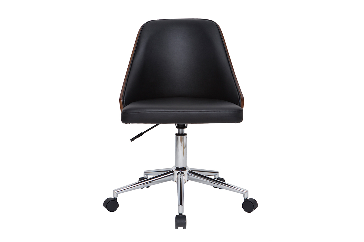 Chaise de bureau  roulettes design noir, bois fonc noyer et acier chrom QUINO