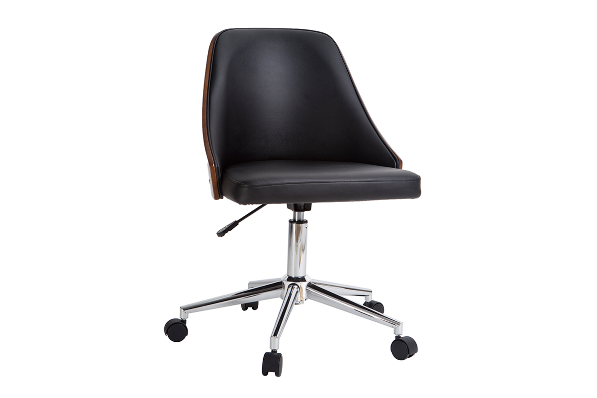 Chaise de bureau  roulettes design noir, bois fonc noyer et acier chrom QUINO