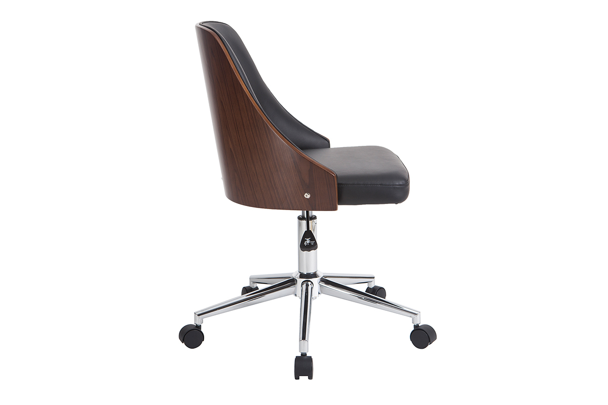 Chaise de bureau  roulettes design noir, bois fonc noyer et acier chrom QUINO