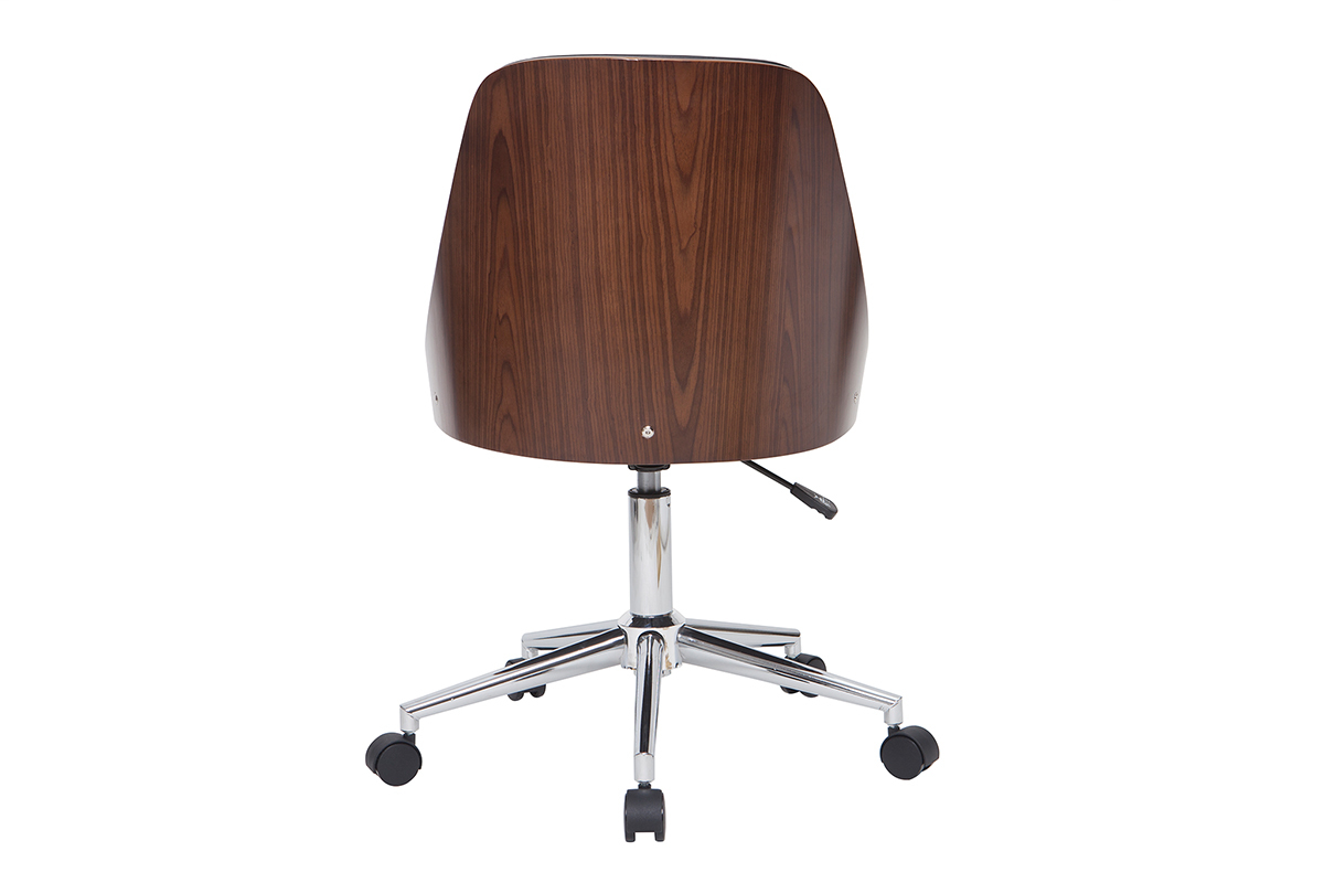 Chaise de bureau  roulettes design noir, bois fonc noyer et acier chrom QUINO
