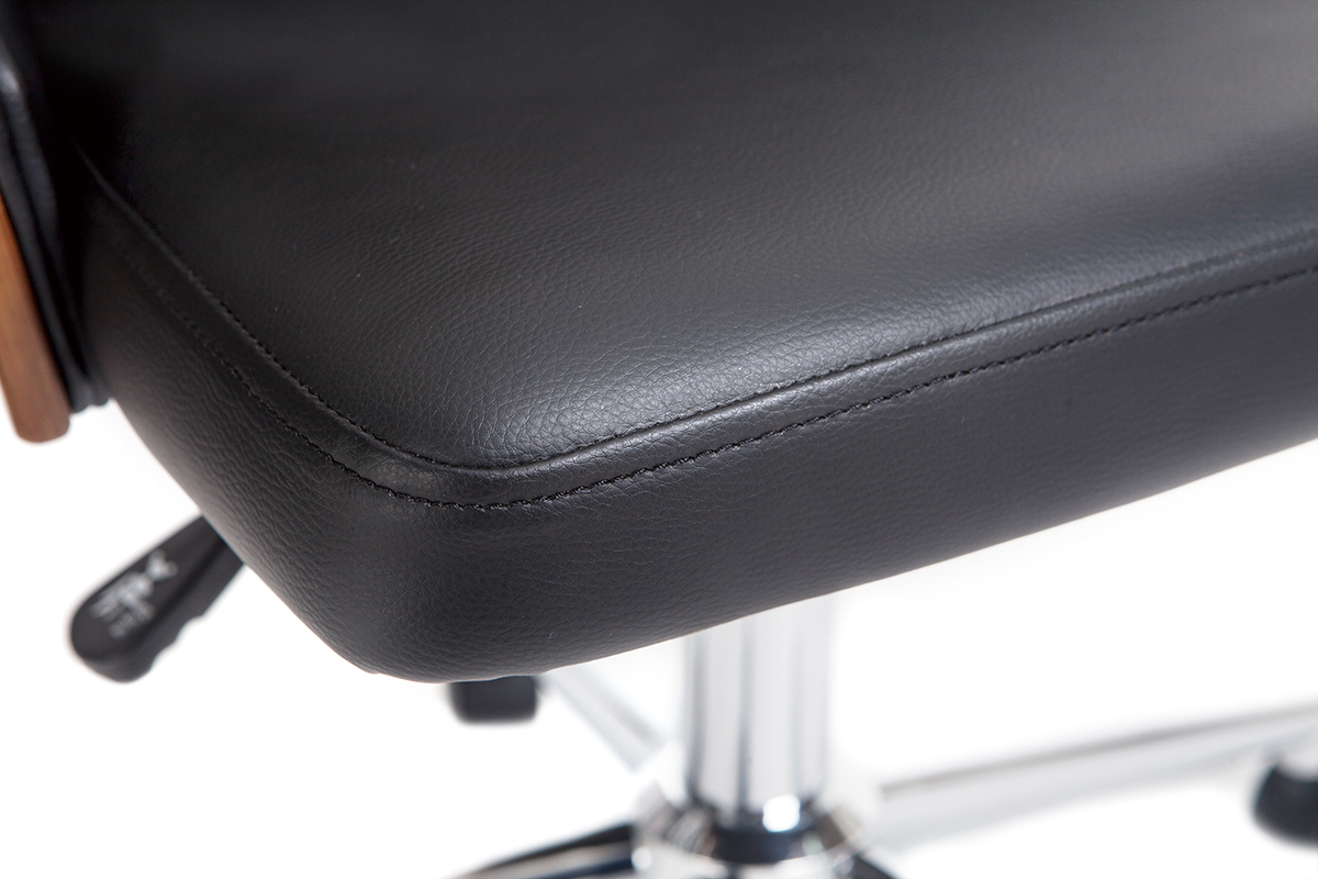 Chaise de bureau  roulettes design noir, bois fonc noyer et acier chrom QUINO