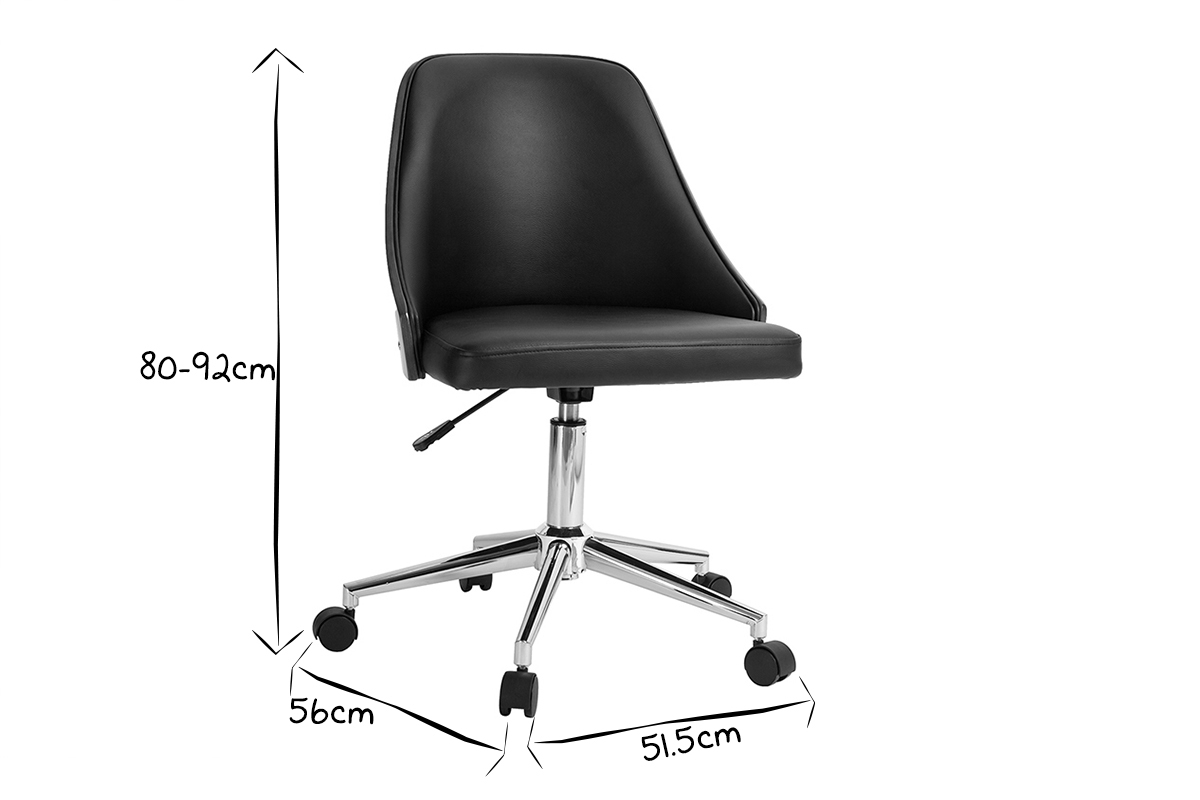 Chaise de bureau  roulettes design noir, bois fonc noyer et acier chrom QUINO
