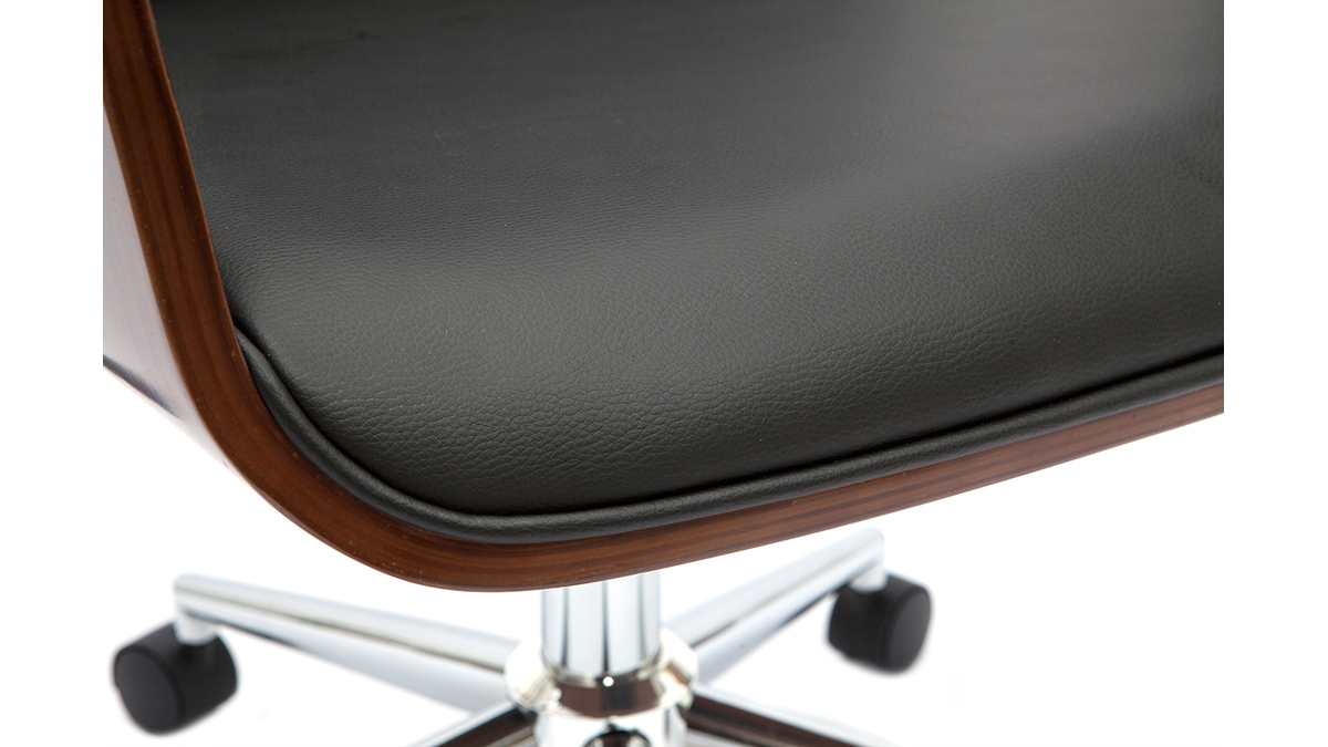 Chaise de bureau  roulettes design noir, bois fonc noyer et acier chrom RUFIN