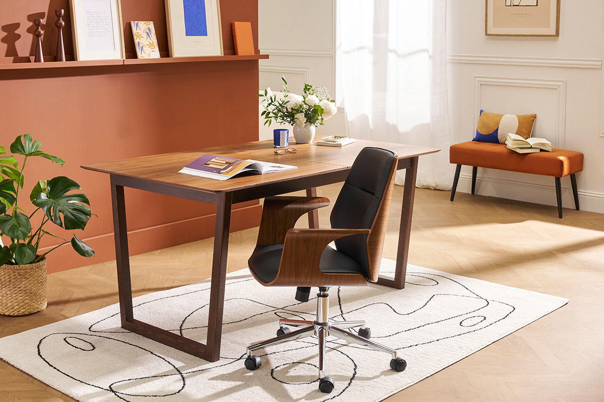 Chaise de bureau  roulettes design noir, bois fonc noyer et acier chrom RUFIN