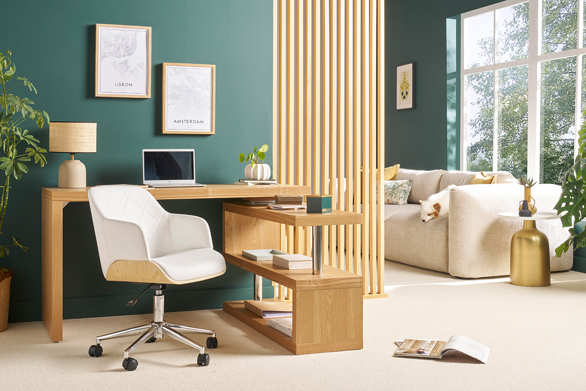 Chaise de bureau  roulettes design noir, bois fonc noyer et acier chrom SANDRO