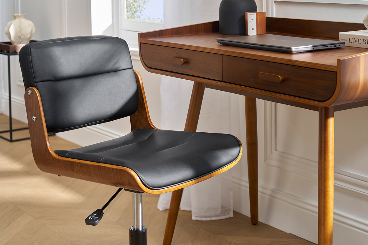 Chaise de bureau � roulettes design noir, bois fonc� noyer et m�tal noir ARAMON