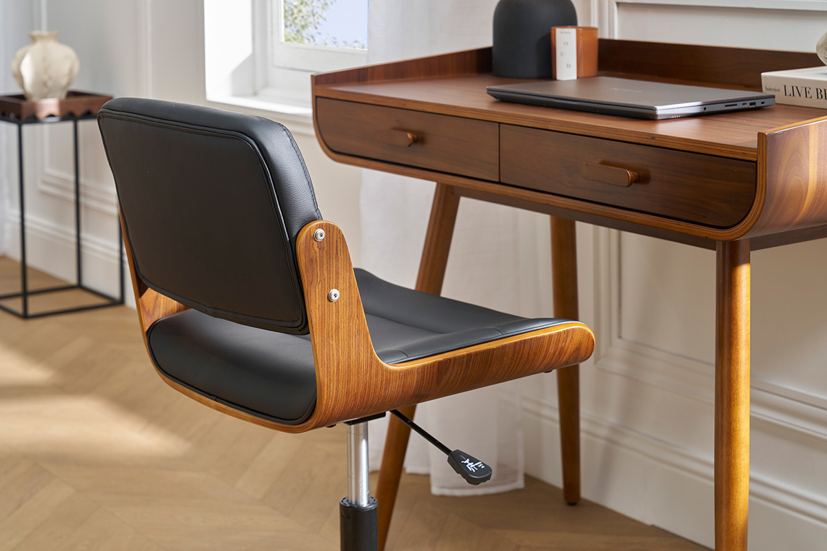 Chaise de bureau � roulettes design noir, bois fonc� noyer et m�tal noir ARAMON