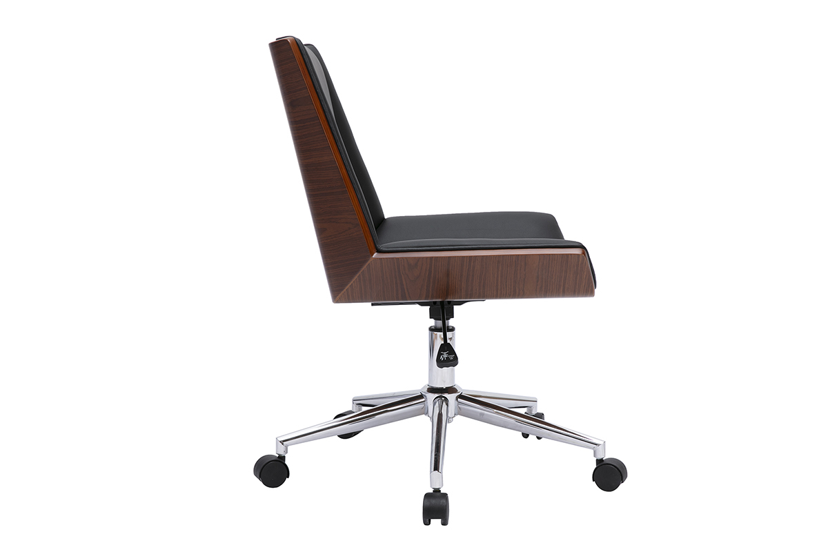 Chaise de bureau � roulettes design noire, bois fonc� et acier chrom� MELKIOR