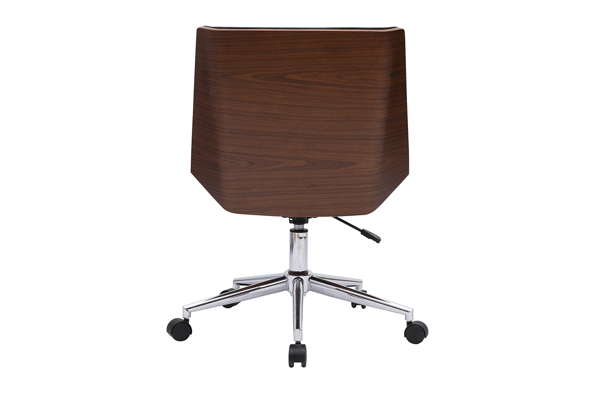 Chaise de bureau � roulettes design noire, bois fonc� et acier chrom� MELKIOR