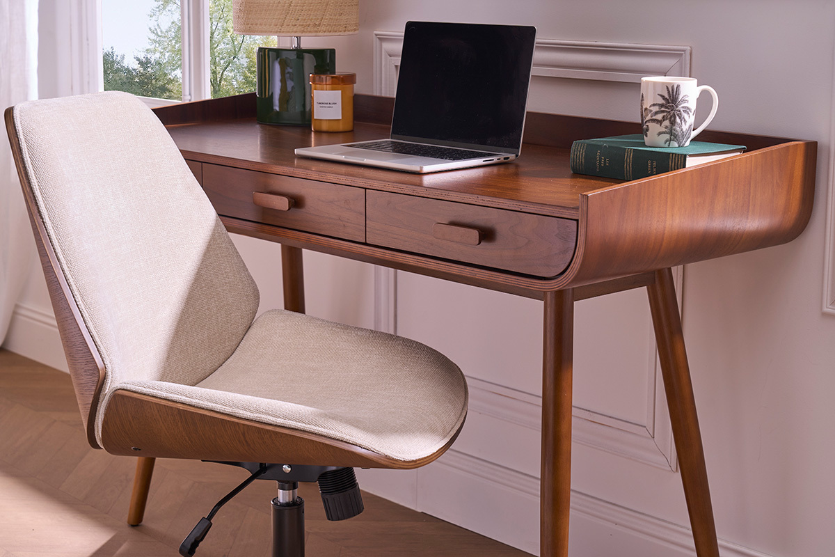 Chaise de bureau  roulettes en bois et tissu effet velours textur beige DOUGLAS
