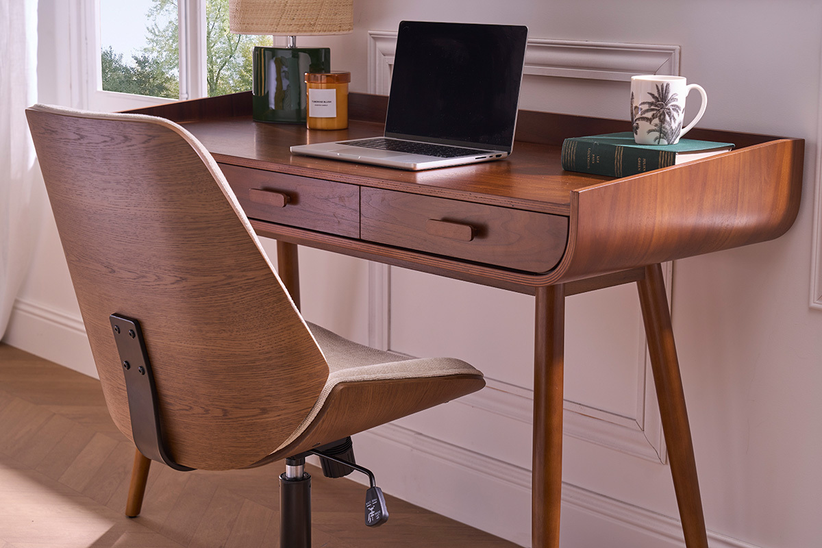 Chaise de bureau  roulettes en bois et tissu effet velours textur beige DOUGLAS