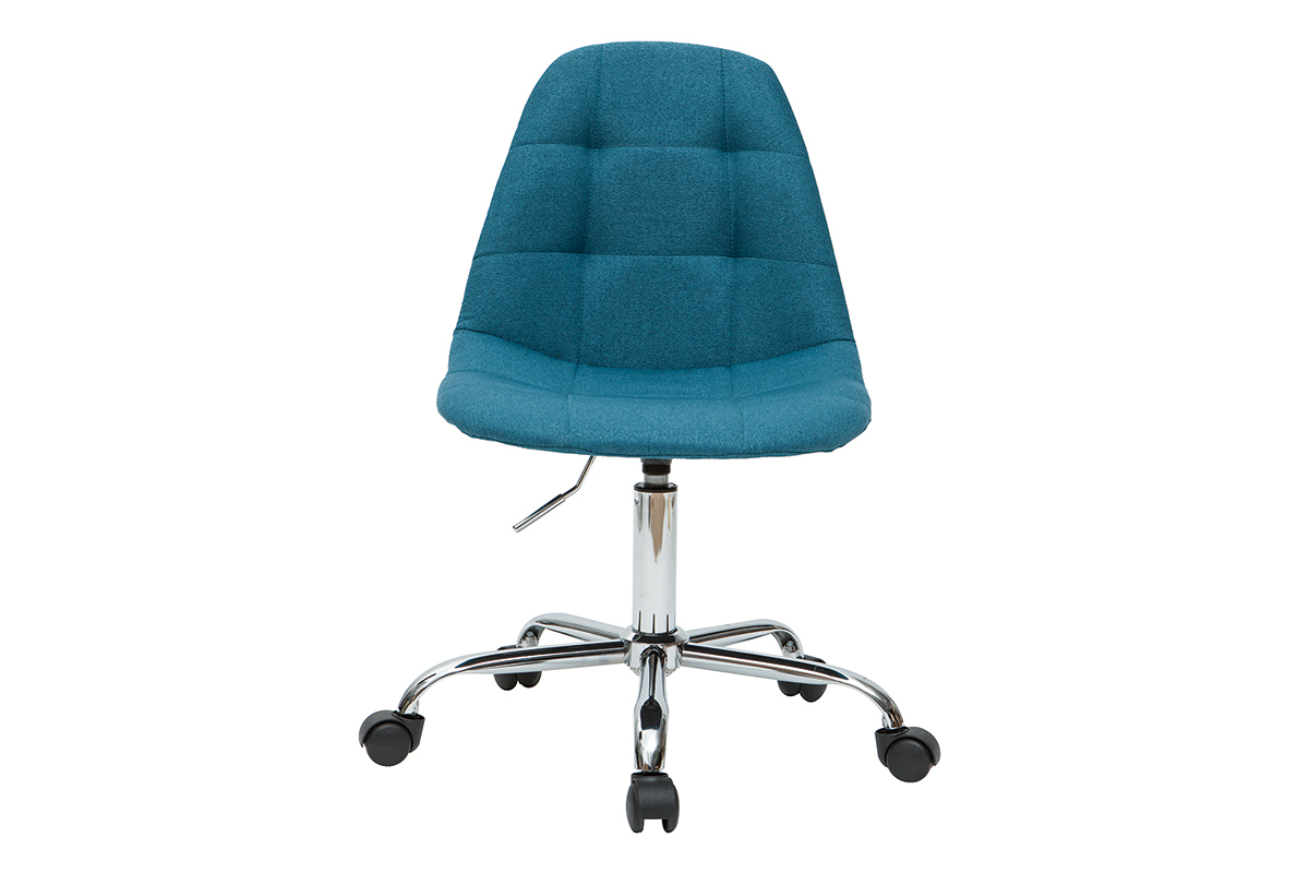 Chaise de bureau  roulettes en tissu bleu ptrole et acier chrom COX