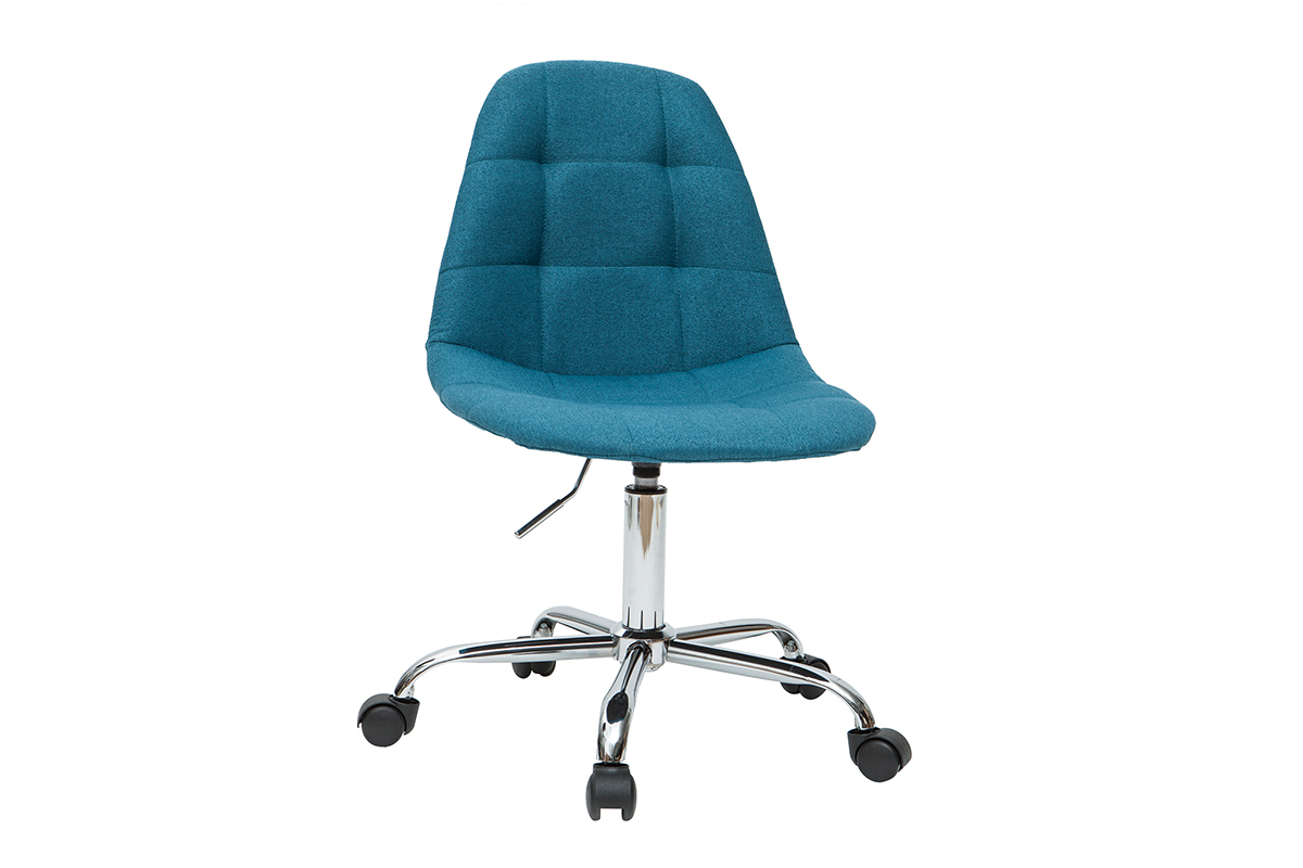 Chaise de bureau  roulettes en tissu bleu ptrole et acier chrom COX