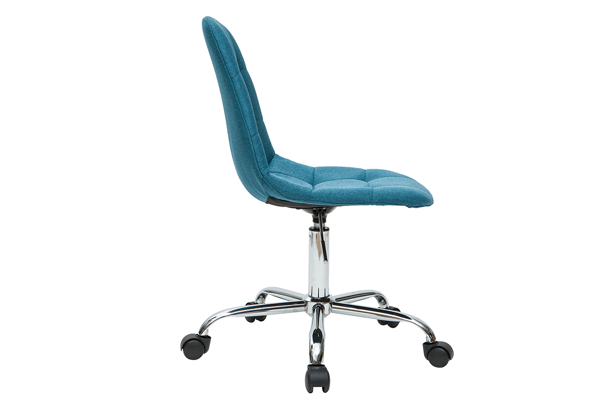 Chaise de bureau  roulettes en tissu bleu ptrole et acier chrom COX
