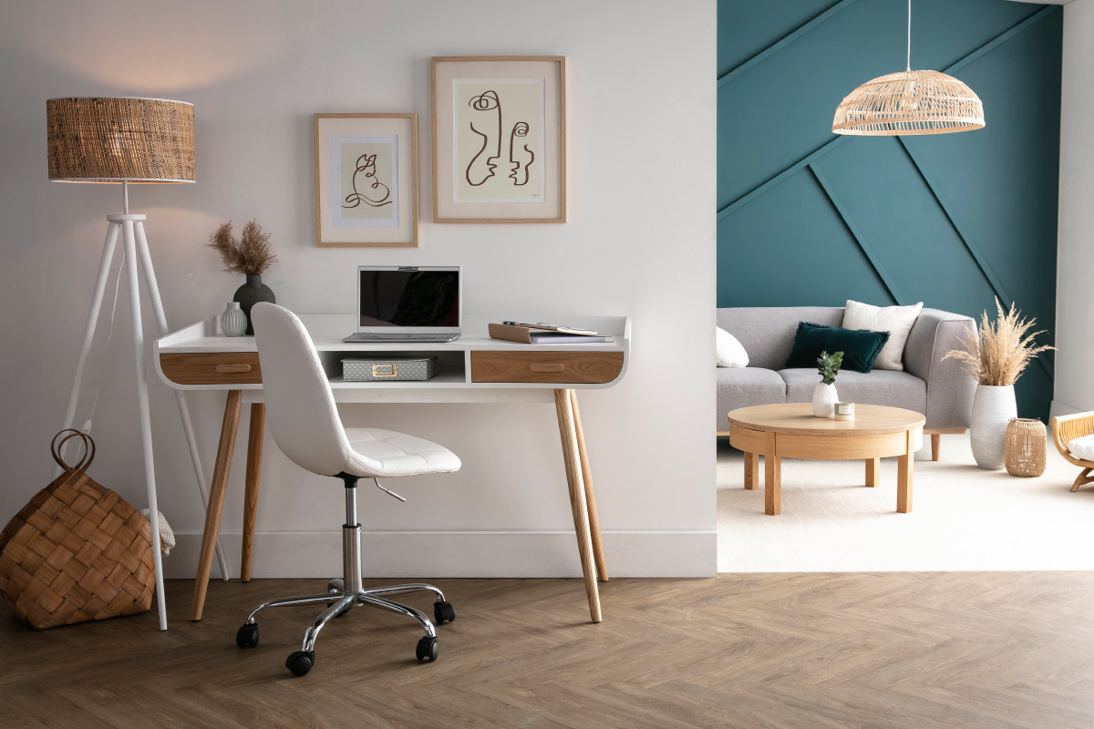 Chaise de bureau  roulettes en tissu bleu ptrole et acier chrom COX