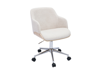 Chaise de bureau à roulettes en tissu chenille beige, bois clair et métal chromé EARL