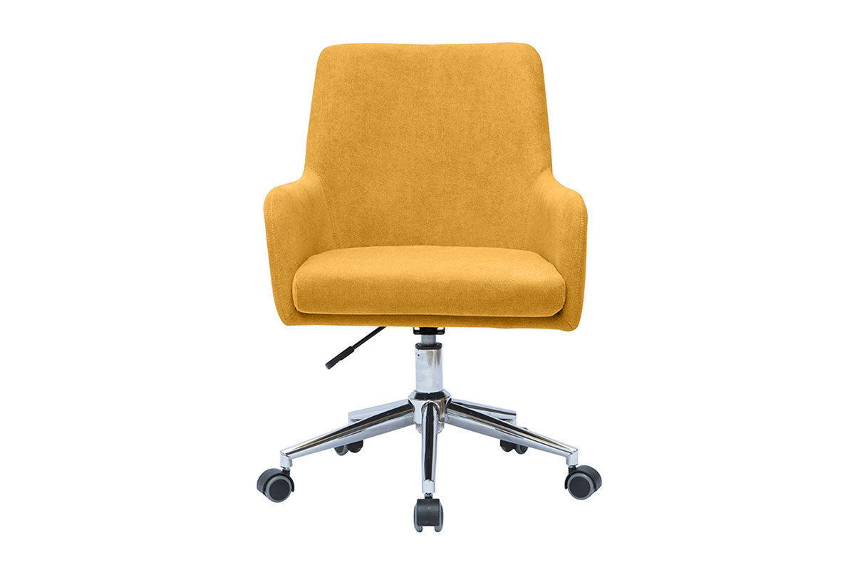 Chaise de bureau  roulettes en tissu effet velours jaune moutarde et acier chrom SHANA