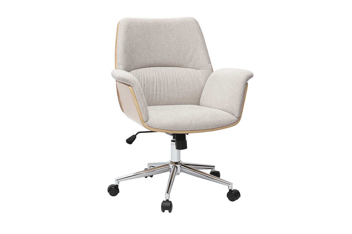 Chaise de bureau � roulettes en tissu effet velours textur� beige, bois clair et m�tal chrom� HELIOS