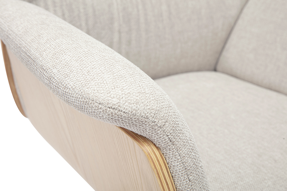 Chaise de bureau � roulettes en tissu effet velours textur� beige, bois clair et m�tal chrom� HELIOS