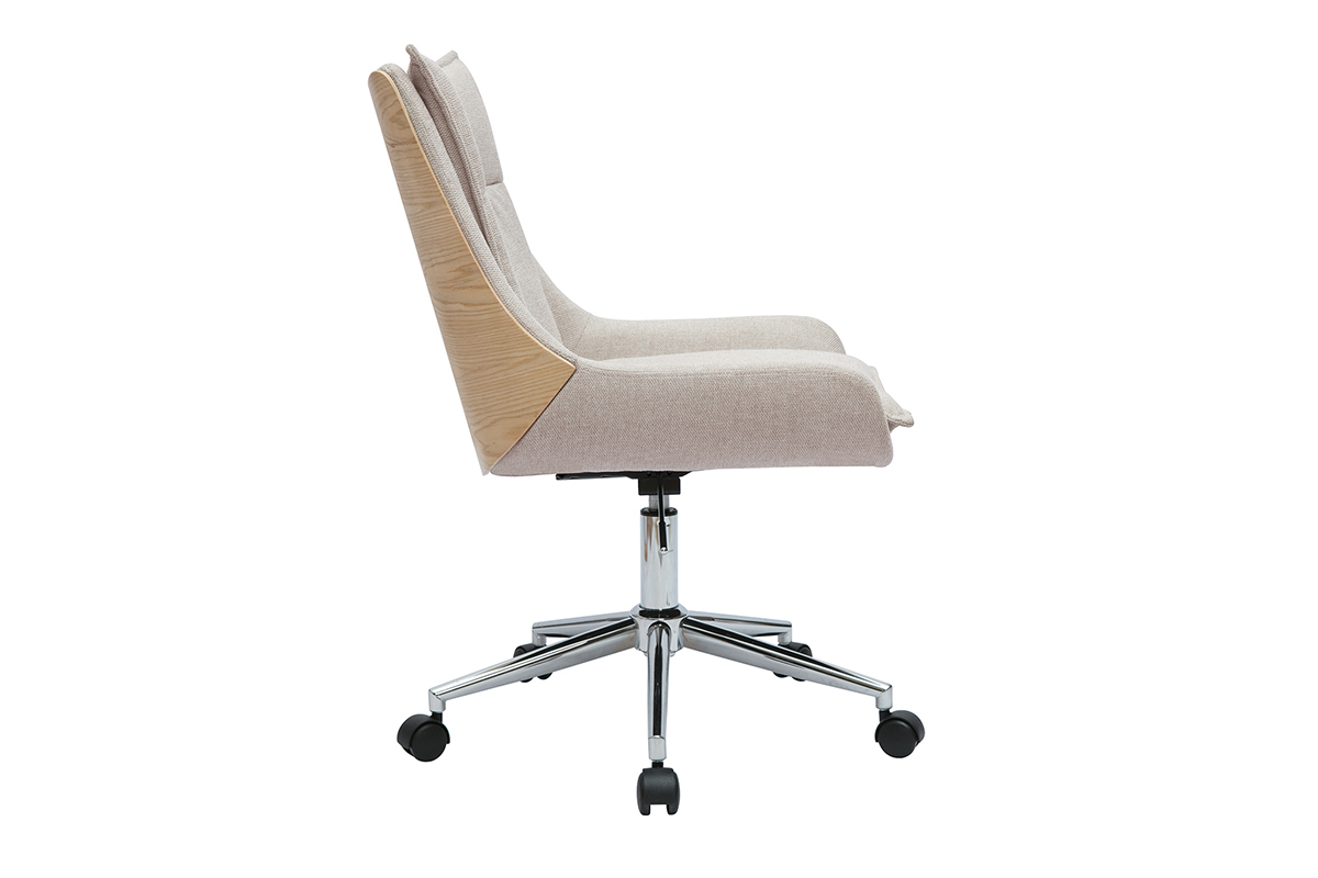 Chaise de bureau  roulettes en tissu effet velours textur beige et mtal chrom BLAISE