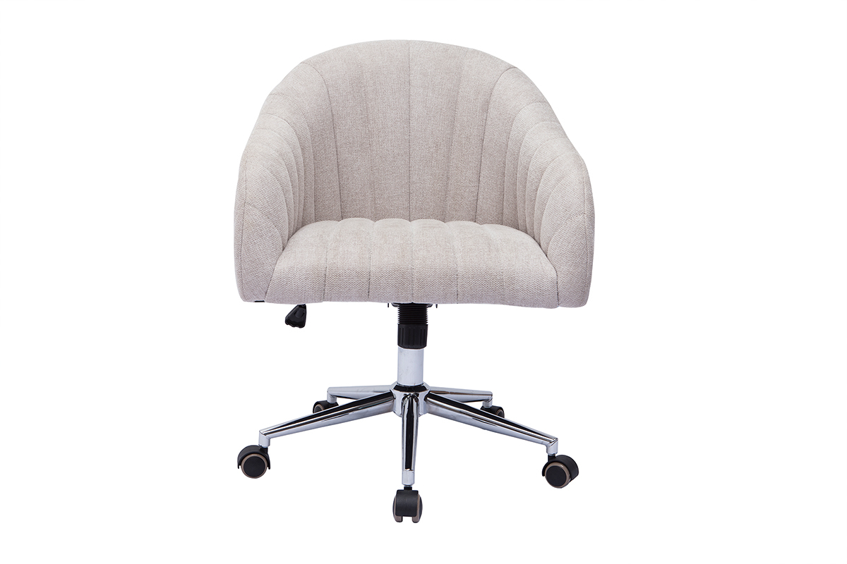 Chaise de bureau  roulettes en tissu effet velours textur beige naturel et acier chrom ROMI